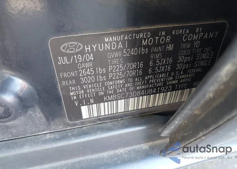 2004 Hyundai Santa Fe Gls z USA, uszkodzony, nr VIN KM8SC73D84U841923